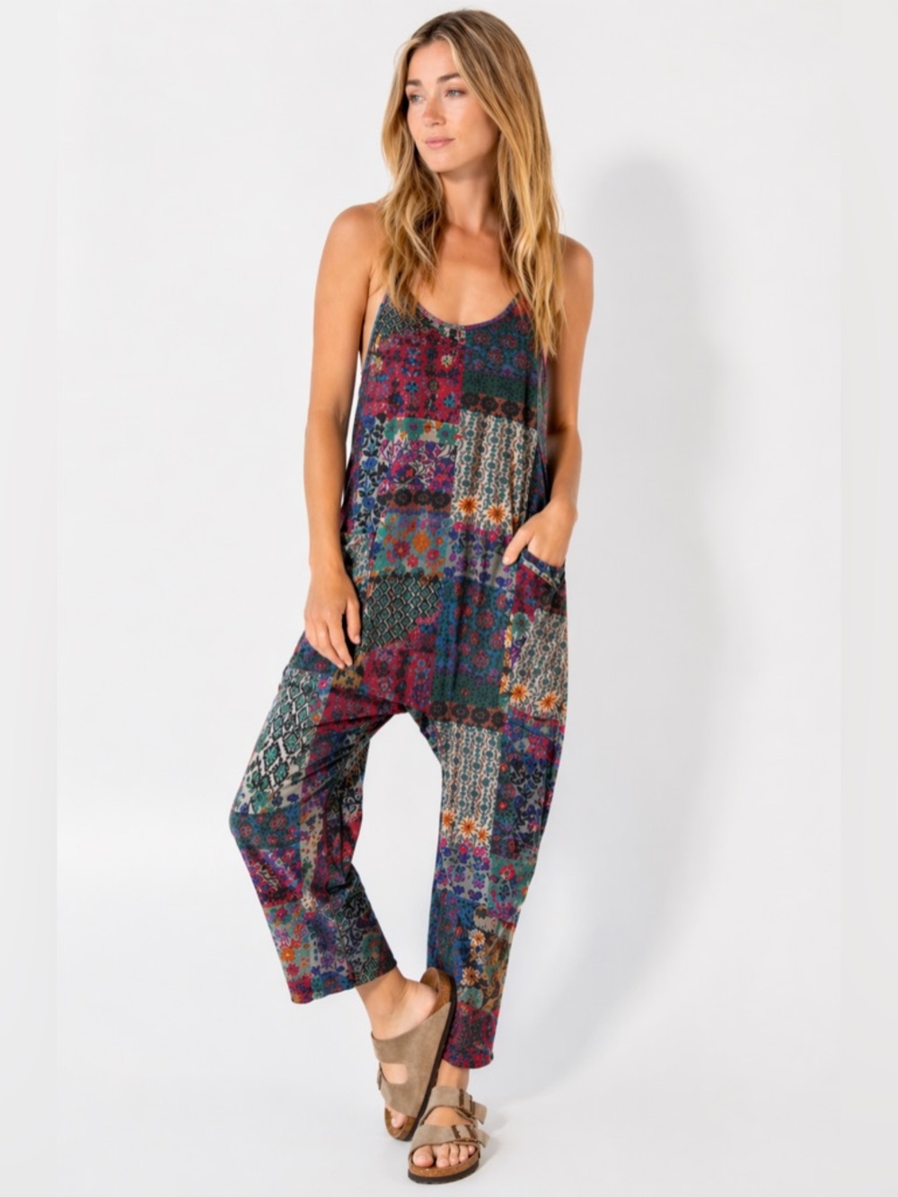 Printed Patchwork Sleeveless Jumpsuit in Multicolor